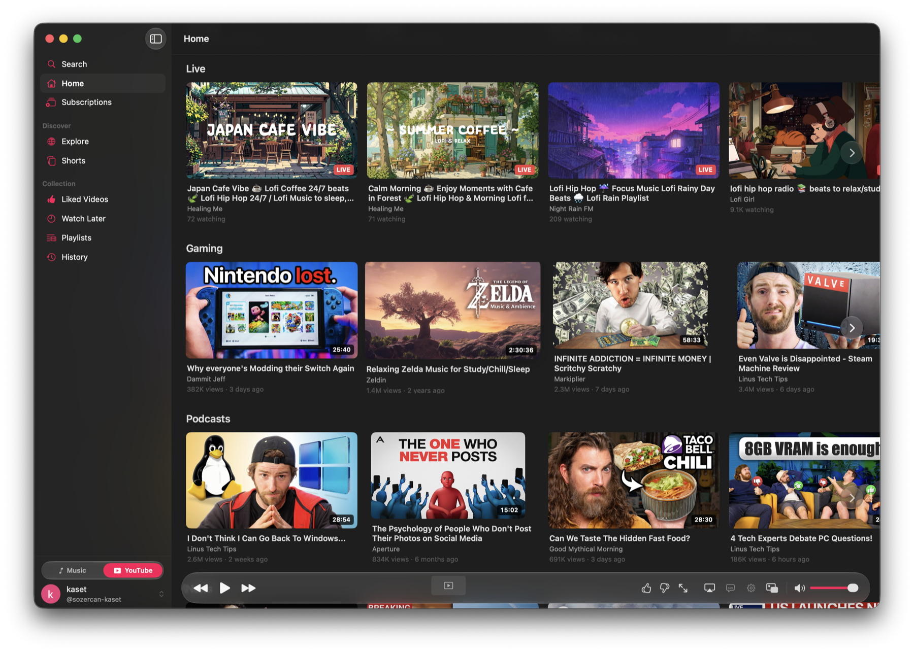 KasetPlus YouTube home screen in dark mode